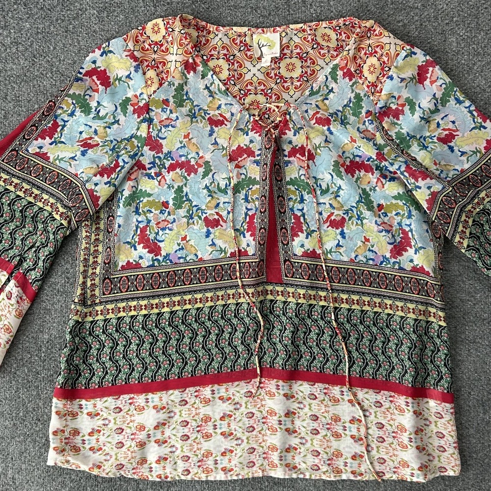 Fig And Flower Blouse Womens Large Multicolor‎ Boho Floral Peasant Top PAT1485 - Picture 3 of 12